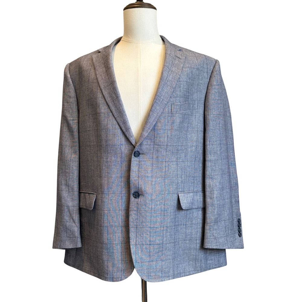 JosABank Sport Coat 48R Blue Linen Wool Silk Windowpane Executive Tailored Fit